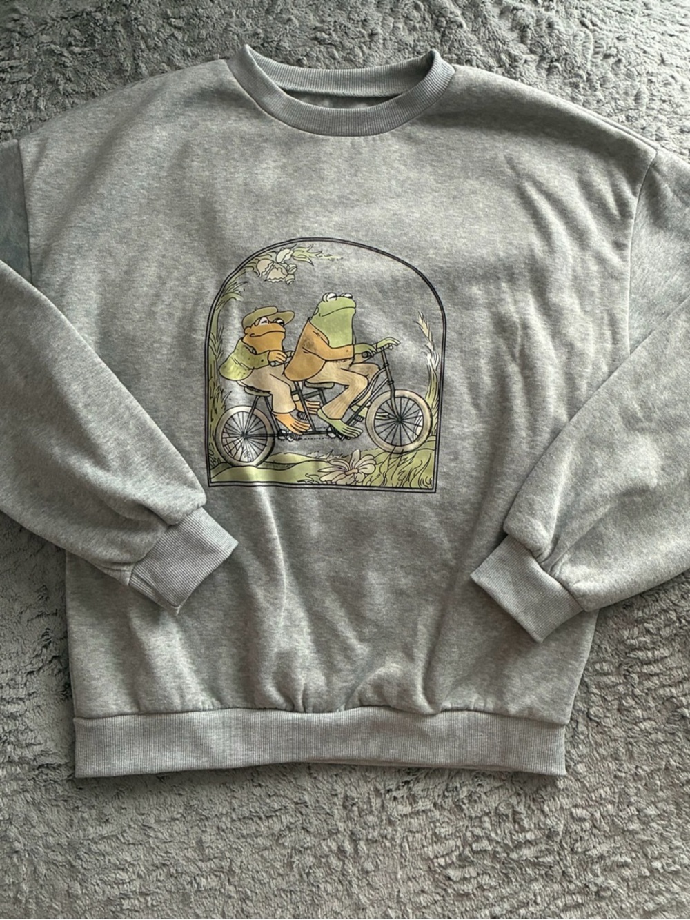 Gray Crewneck Sweatshirt with Frog Bicycle Graphic